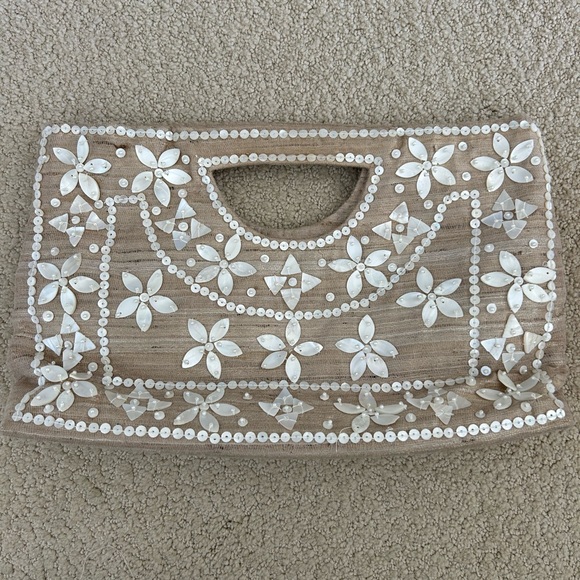 Moyna Handbags - Beaded Floral Handheld Clutch Bag in Beige Linen